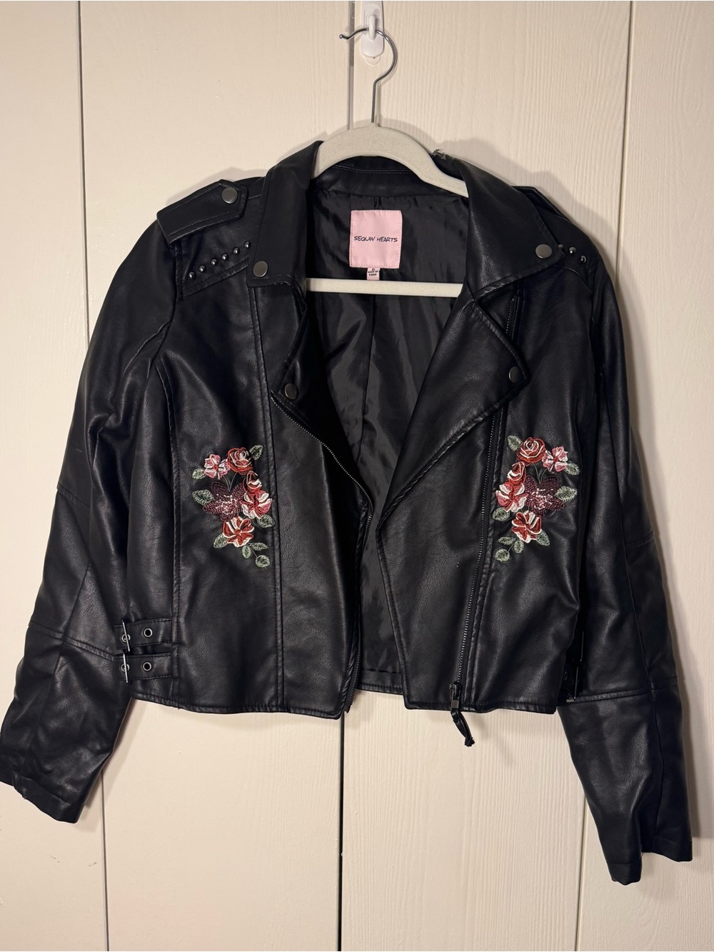 Black Embroidered Faux Leather Jacket